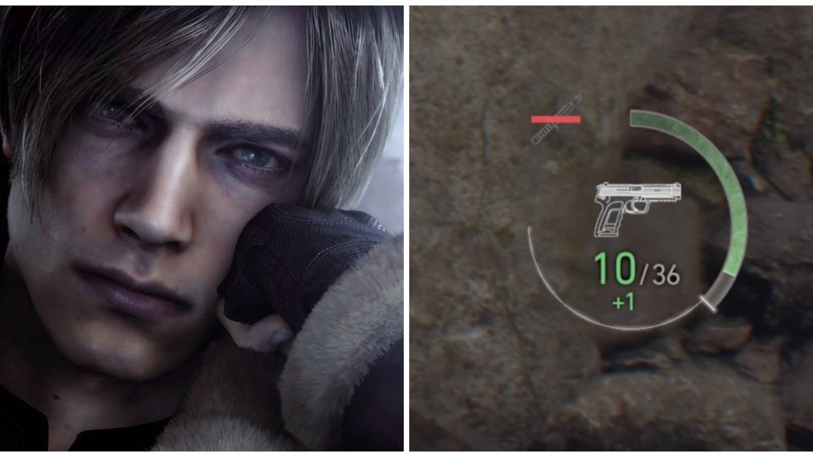 Leon Kennedy (left) and plus one ammo (right) in Resident Evil 4 Remake 