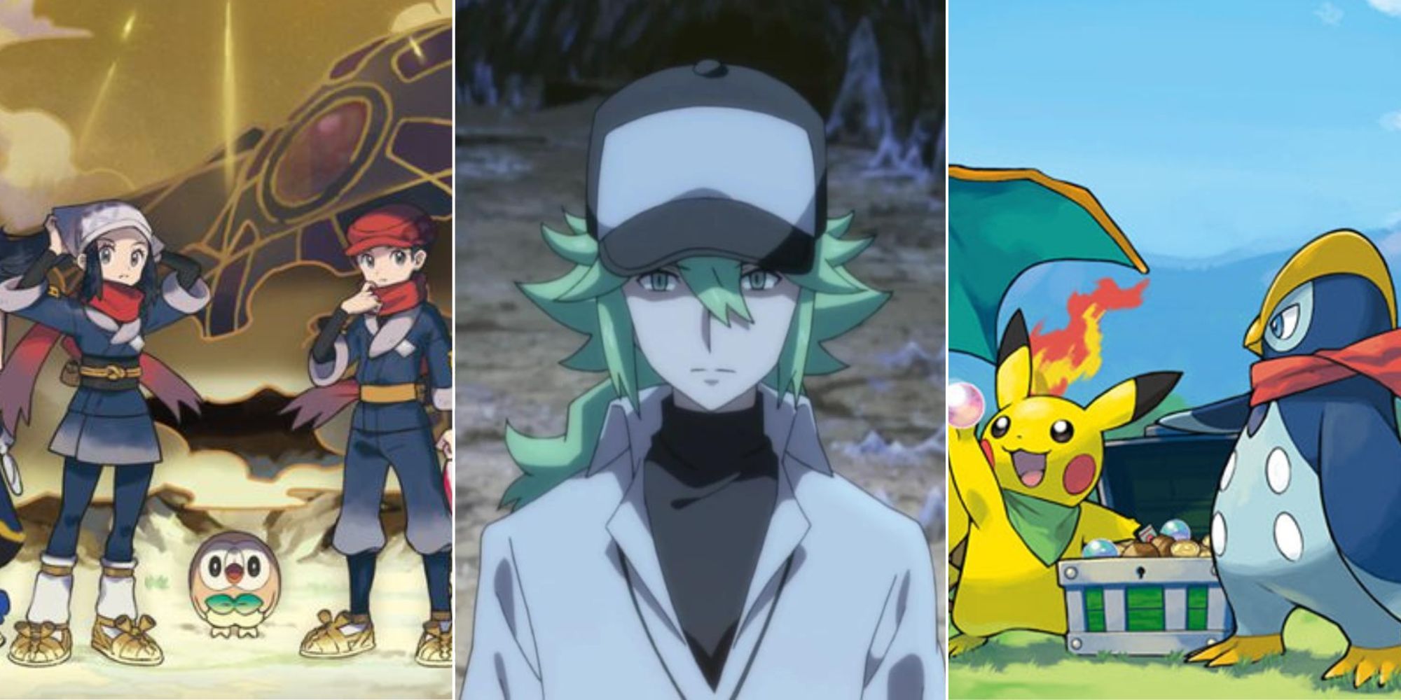 Split image of the players from pokemon legends arceus, N from pokemon black and white, and the cover art for pokemon mystery dungeon explorers of sky
