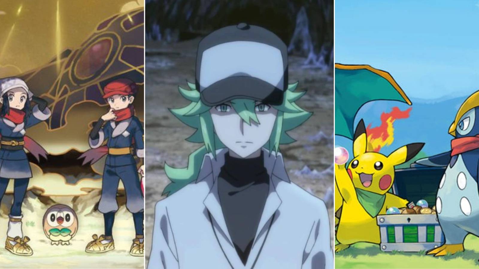 Split image of the players from pokemon legends arceus, N from pokemon black and white, and the cover art for pokemon mystery dungeon explorers of sky