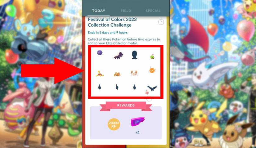 image showing all pokemon to catch for collection challenge 2023 festival of colors in pokemon go. 