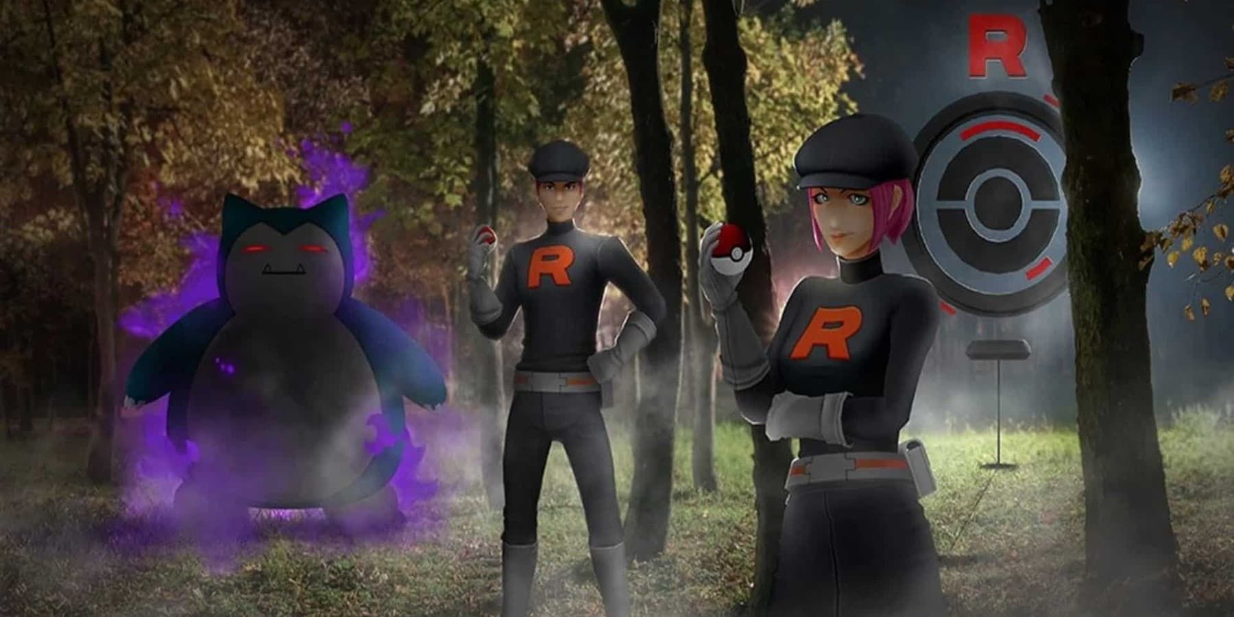 Team Rocket grunts at a Pokestop with a Shadow Snorlax