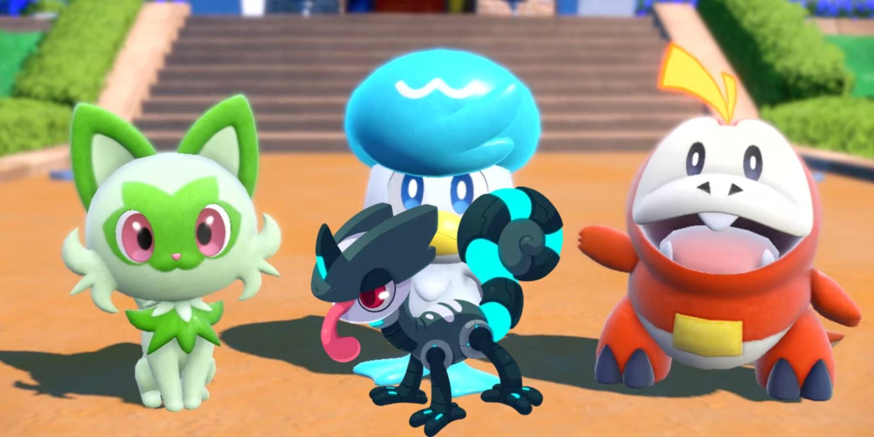 Chromeon from Temtem with the starter Pokemon from Pokemon Scarlet and Violet