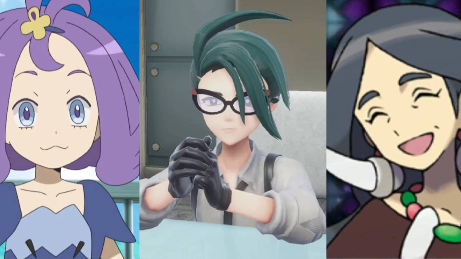 Acerola in the anime; Rika at a desk; Drasna before a battle