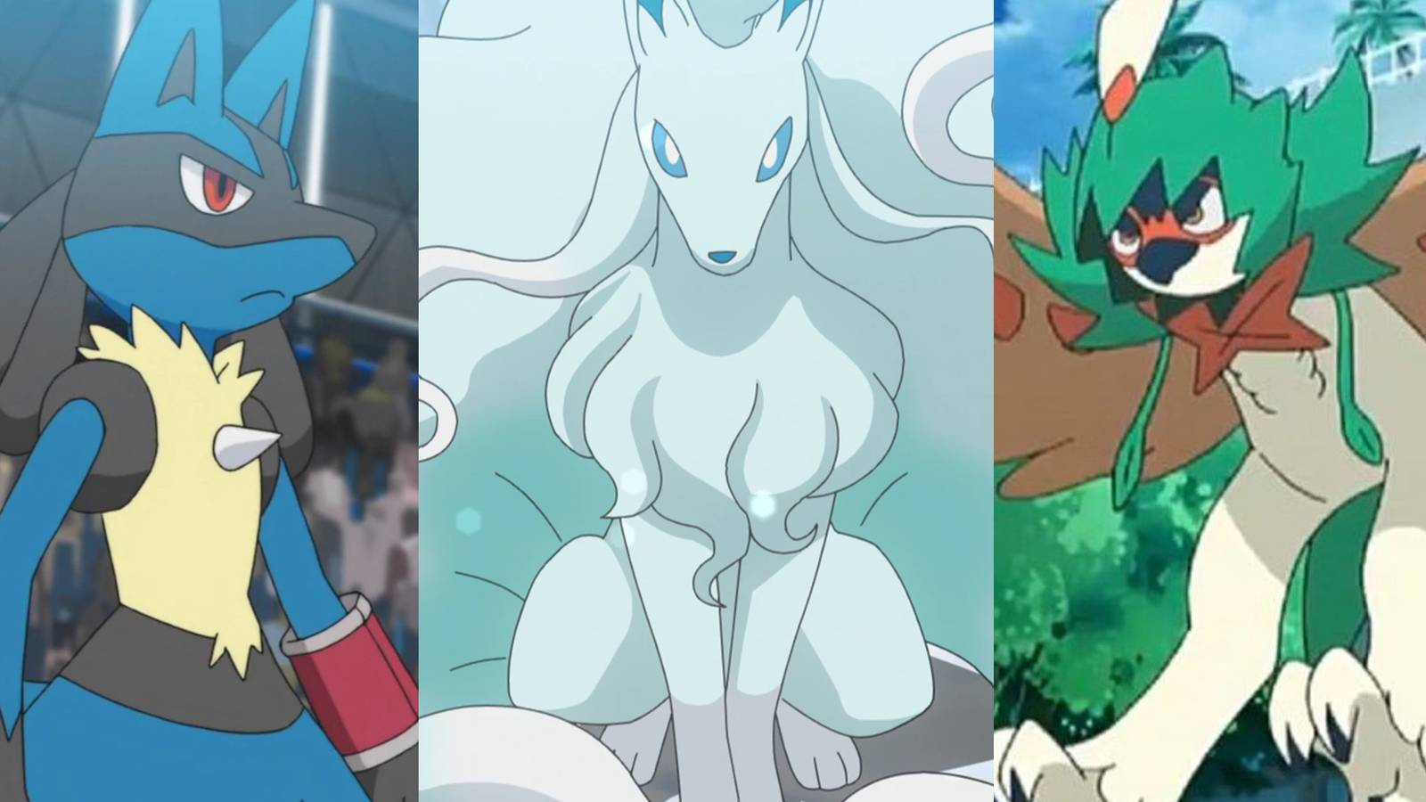 Lucario in battle; Alolan Ninetales sitting; Decidueye flying