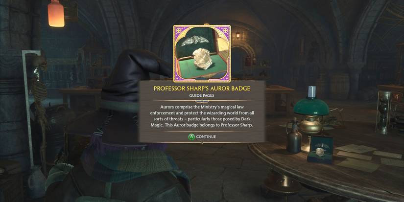 Professor Sharp Auror Badge field guide page Hogwarts Legacy