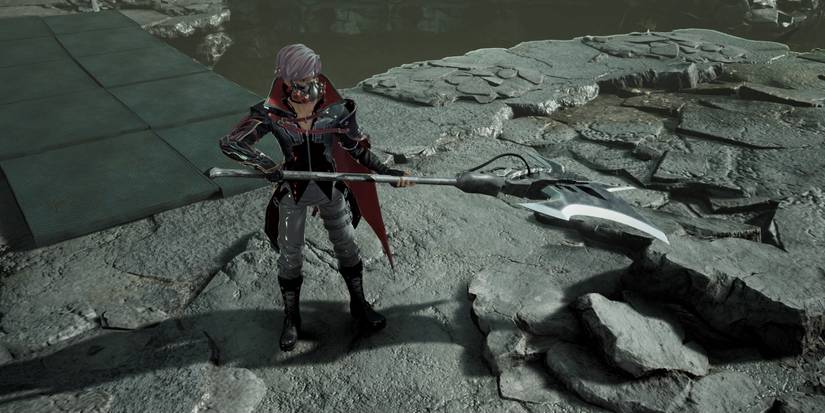 Wielding the Queenslayer Halberd in Code Vein.