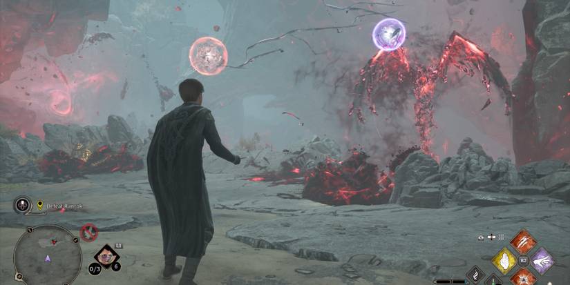Ranrok Dragon and a purple orb and a red orb in Hogwarts Legacy
