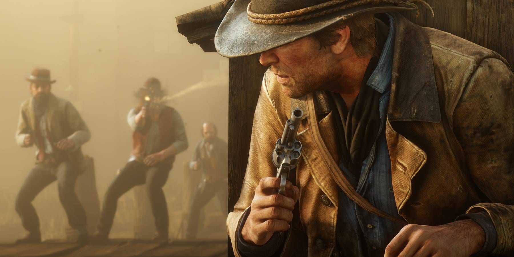 Arthur Morgan taking cover during a firefight in Red Dead Redemption 2