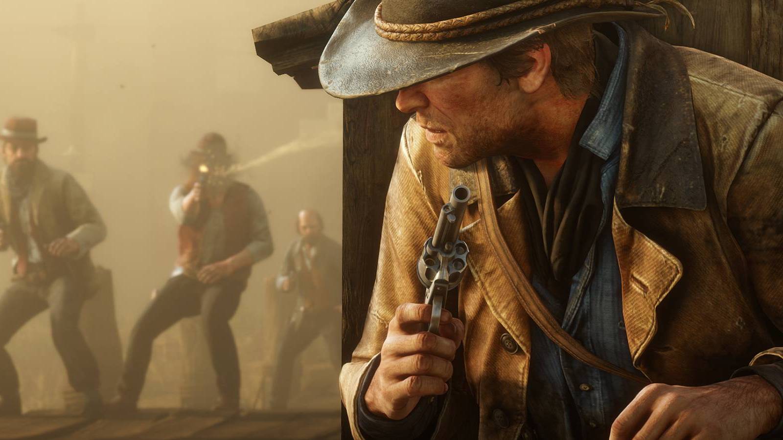 Arthur Morgan taking cover during a firefight in Red Dead Redemption 2