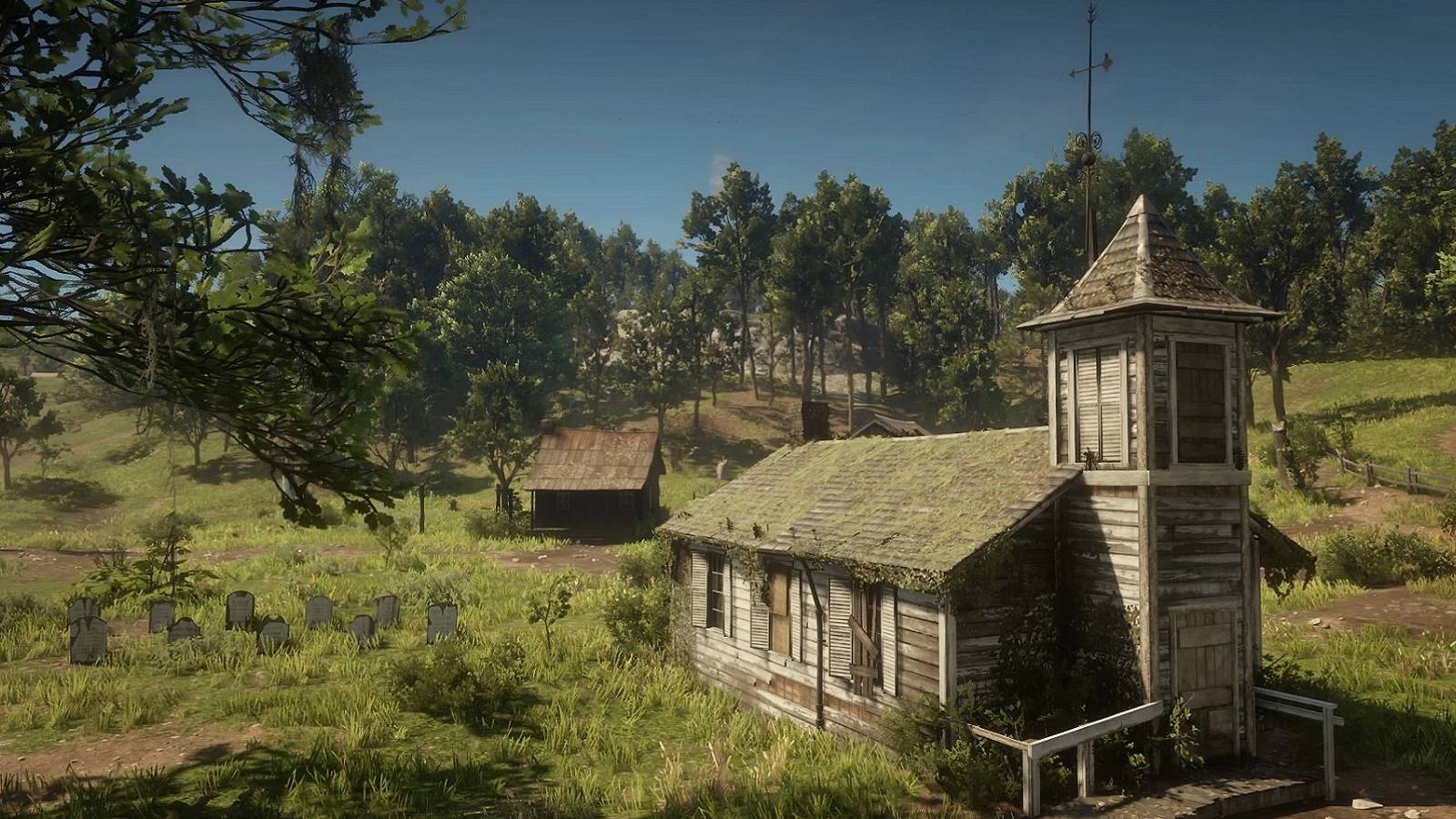 Image from Red Dead Redemption 2 showing the church in the mysterioues settlement of Pleasance.