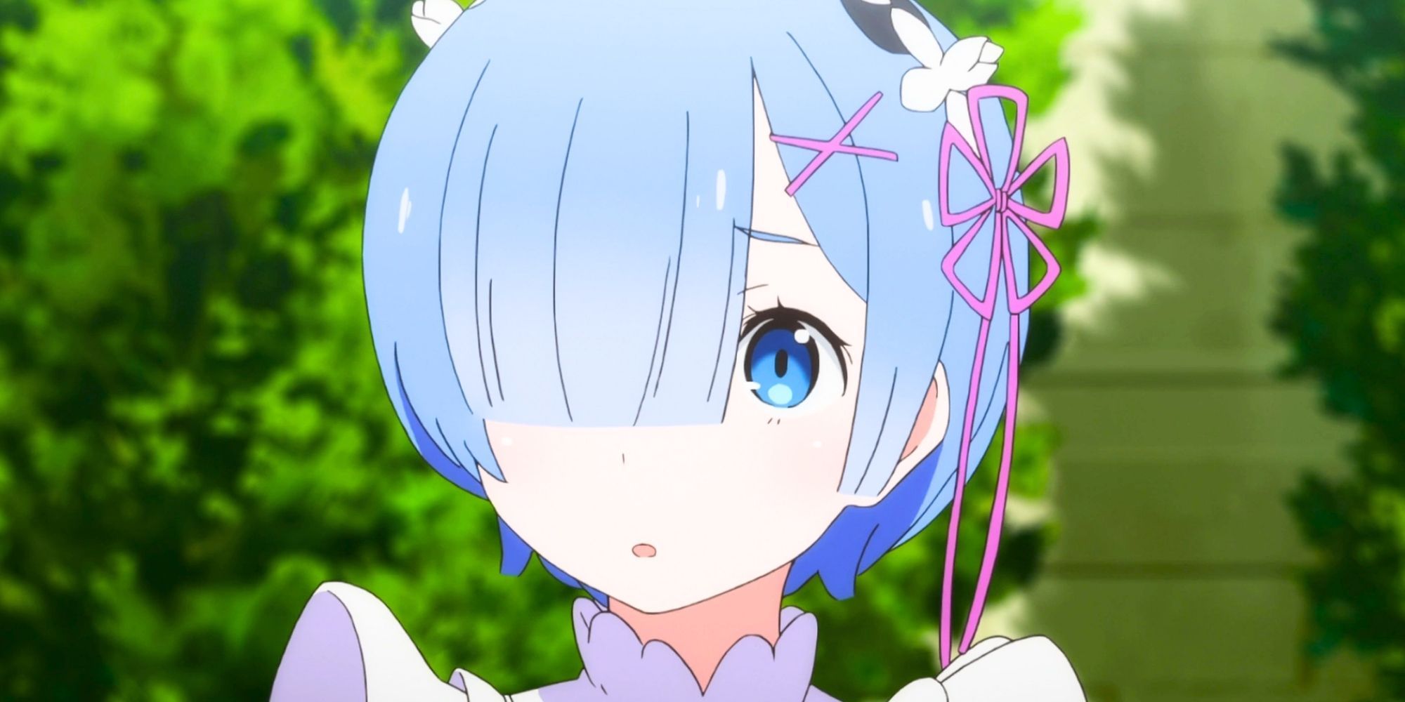 Rem From Re Zero Looking Sideways With A Worried Expression Green Background