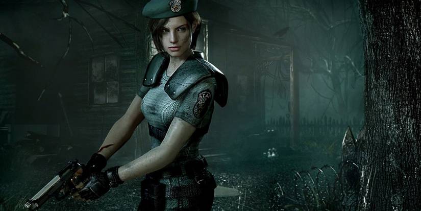 Jill standing in an action-ready pose in her STARS uniform, a run down shed and forest behind her. 