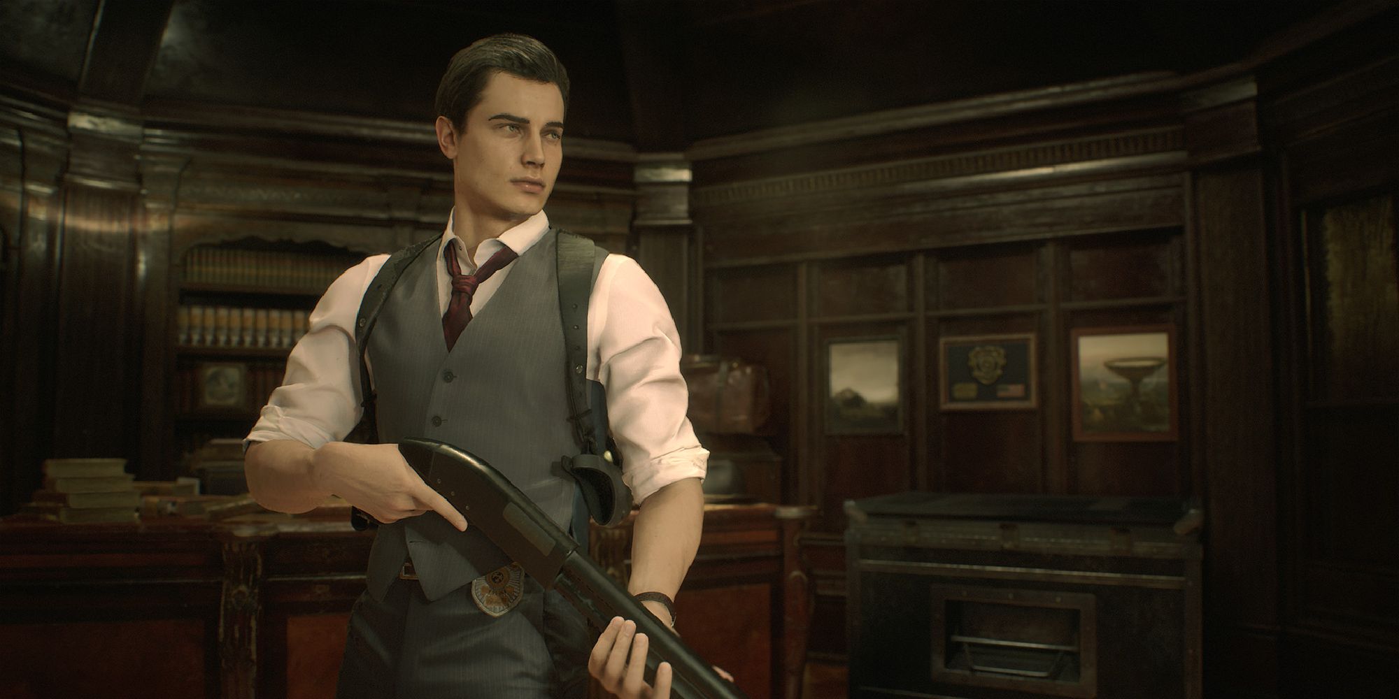 Leon in the Noire alternative outfit, holding his shotgun in a neutral stance. 