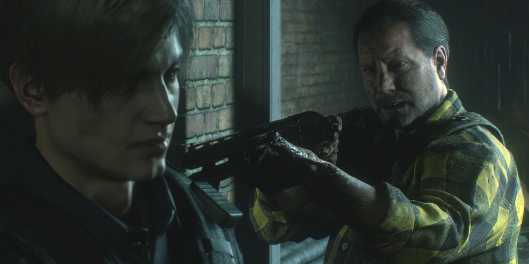Resident Evil 2 Robert Kendo with a gun on Leon