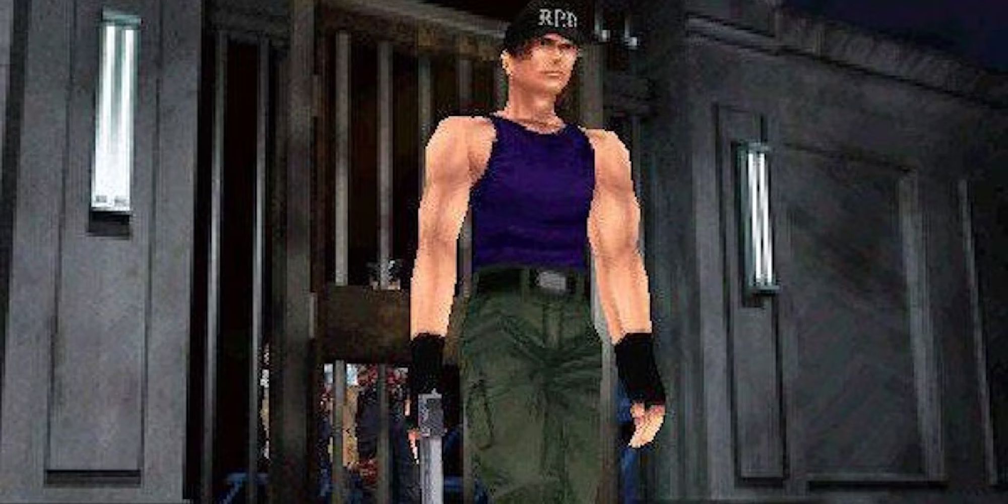 Leon as he appears in the original Resident Evil, sporting a dark purple tank.