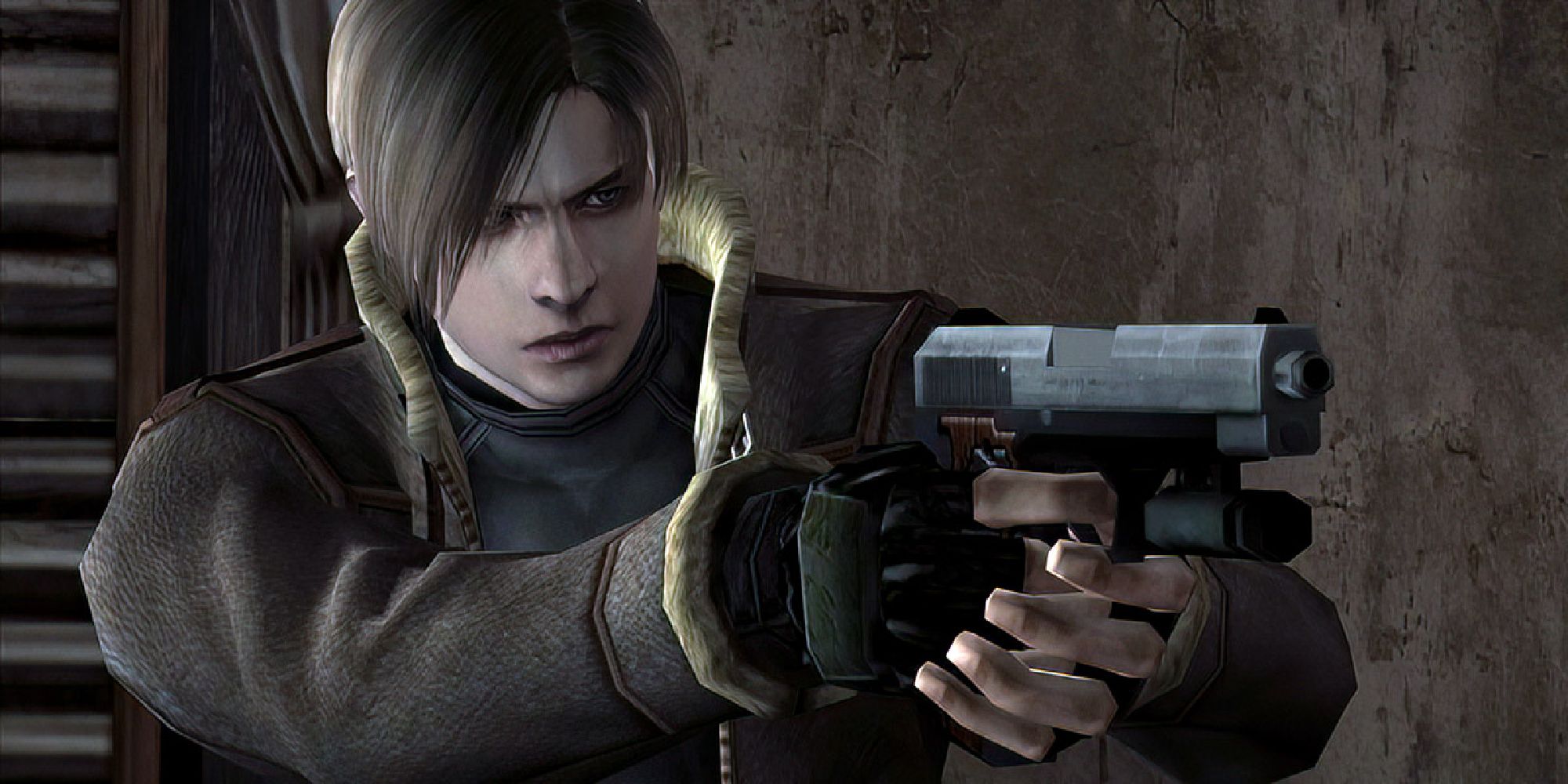 Leon in his signature RE4 look, aiming a gun at an unseen enemy, 