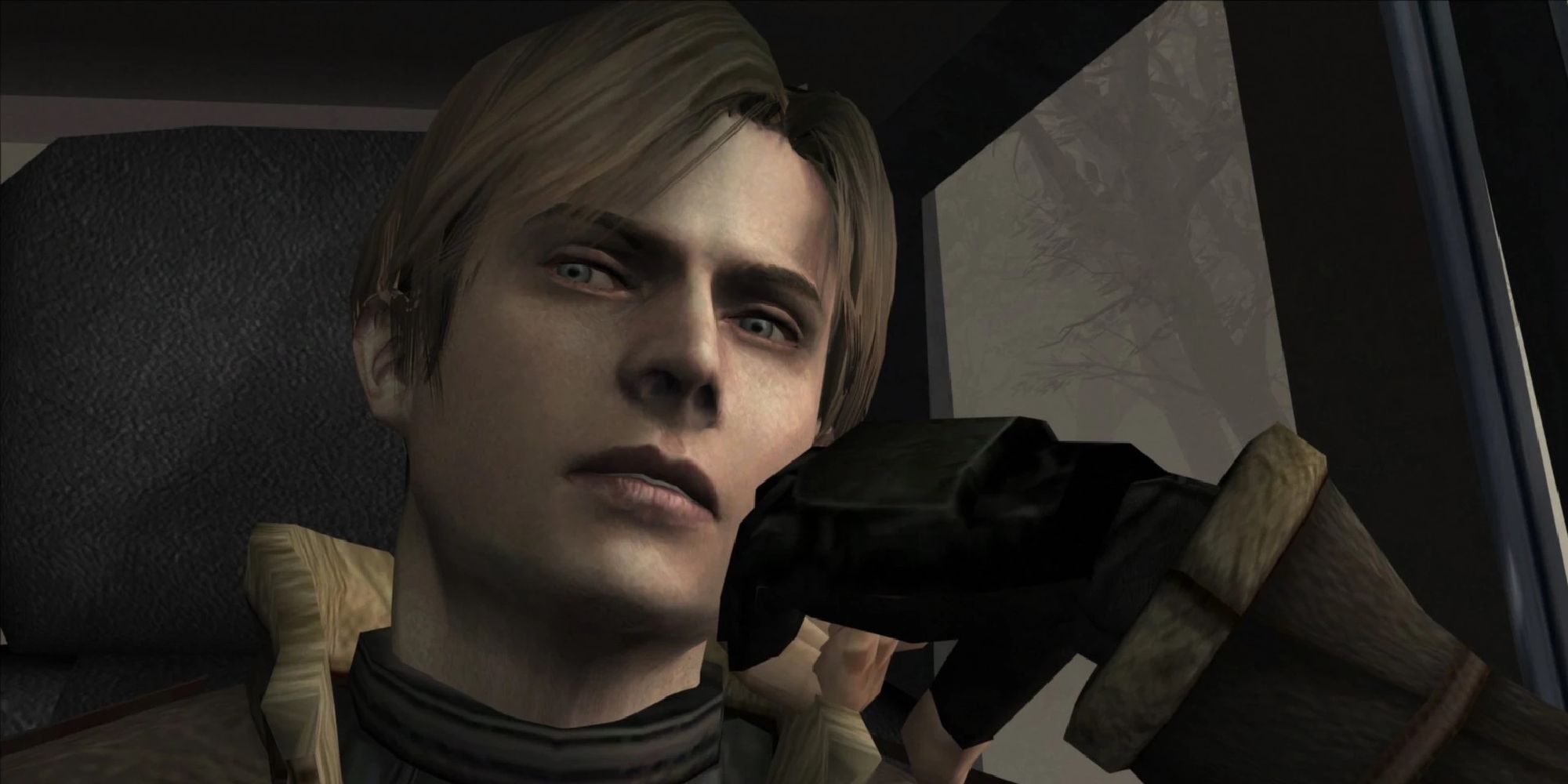 Leon in the back of the keep in the very opening scene for the original Resident Evil 4, glaring at his drivers. 