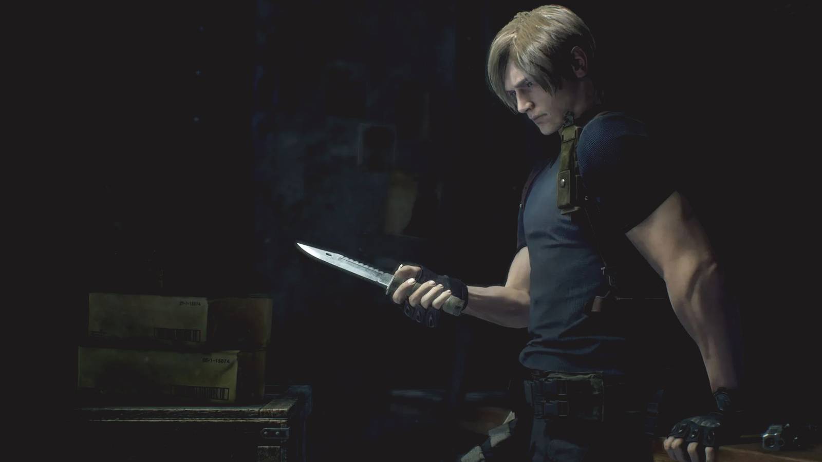 Resident Evil 4 Leon S Kennedy looking at knife