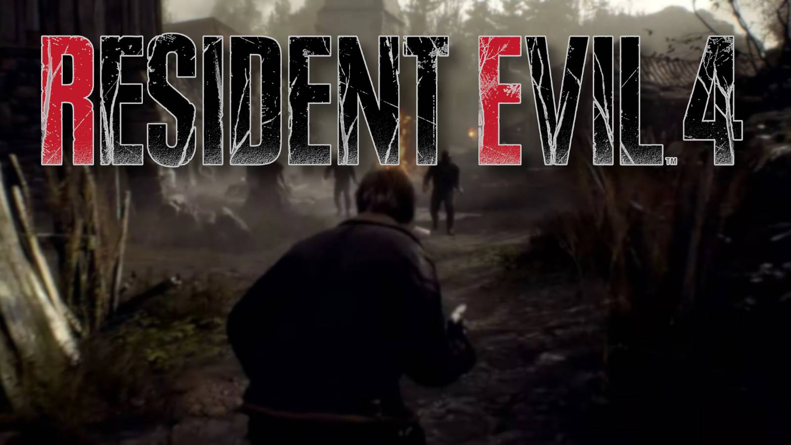 Resident Evil 4 Remake logo with Leon Kennedy underneath it, sneaking into the village.