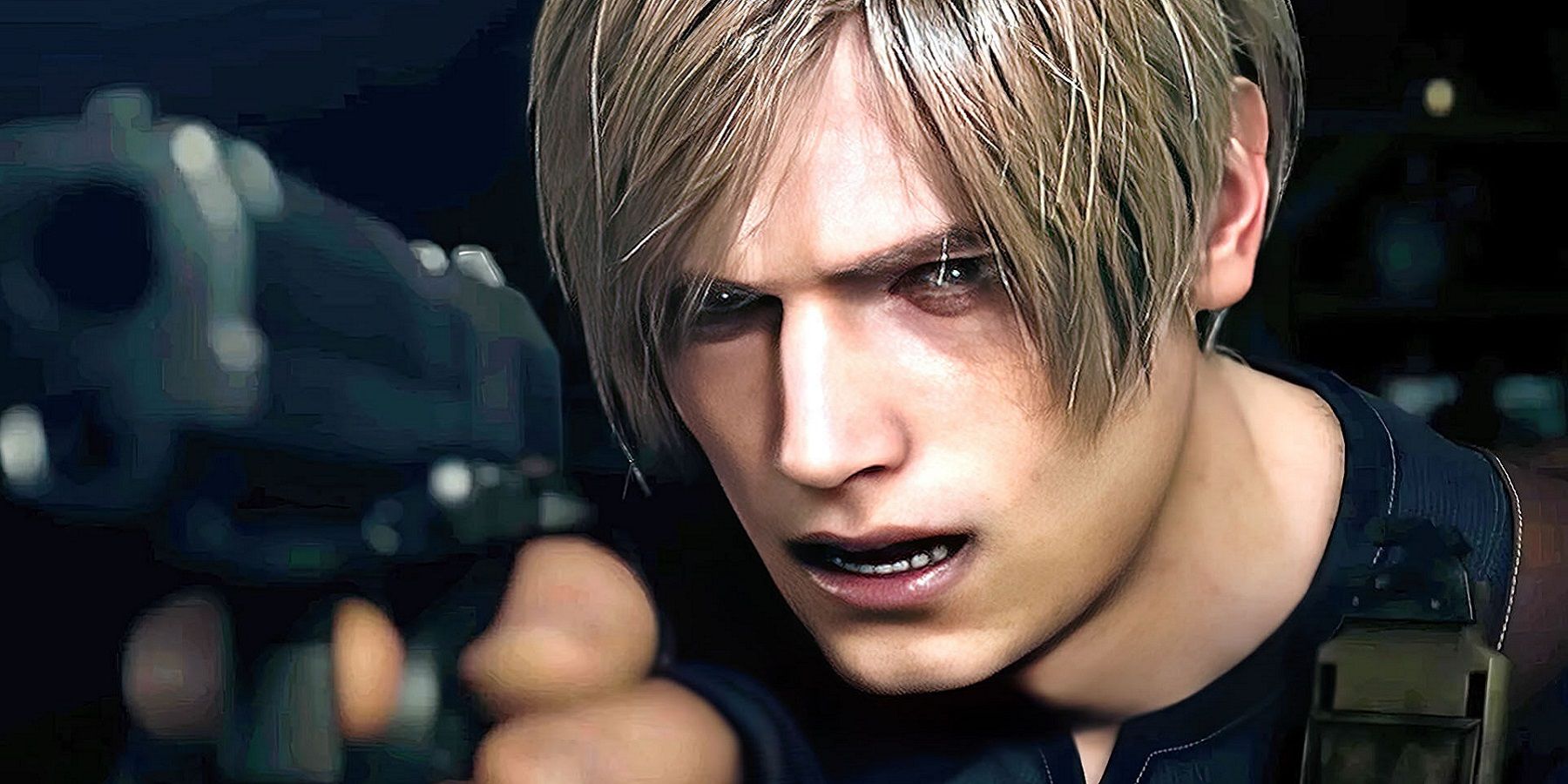 Image from the Resident Evil 4 remake showing a close-up of Leon Kennedy pointing a gun.