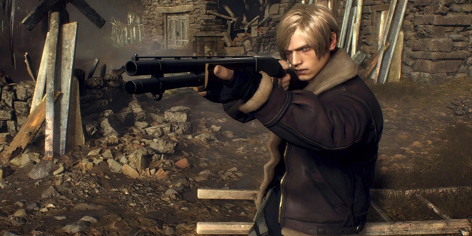 Image from the Resident Evil 4 remake showing Leon Kennedy pointing a shotgun off screen.
