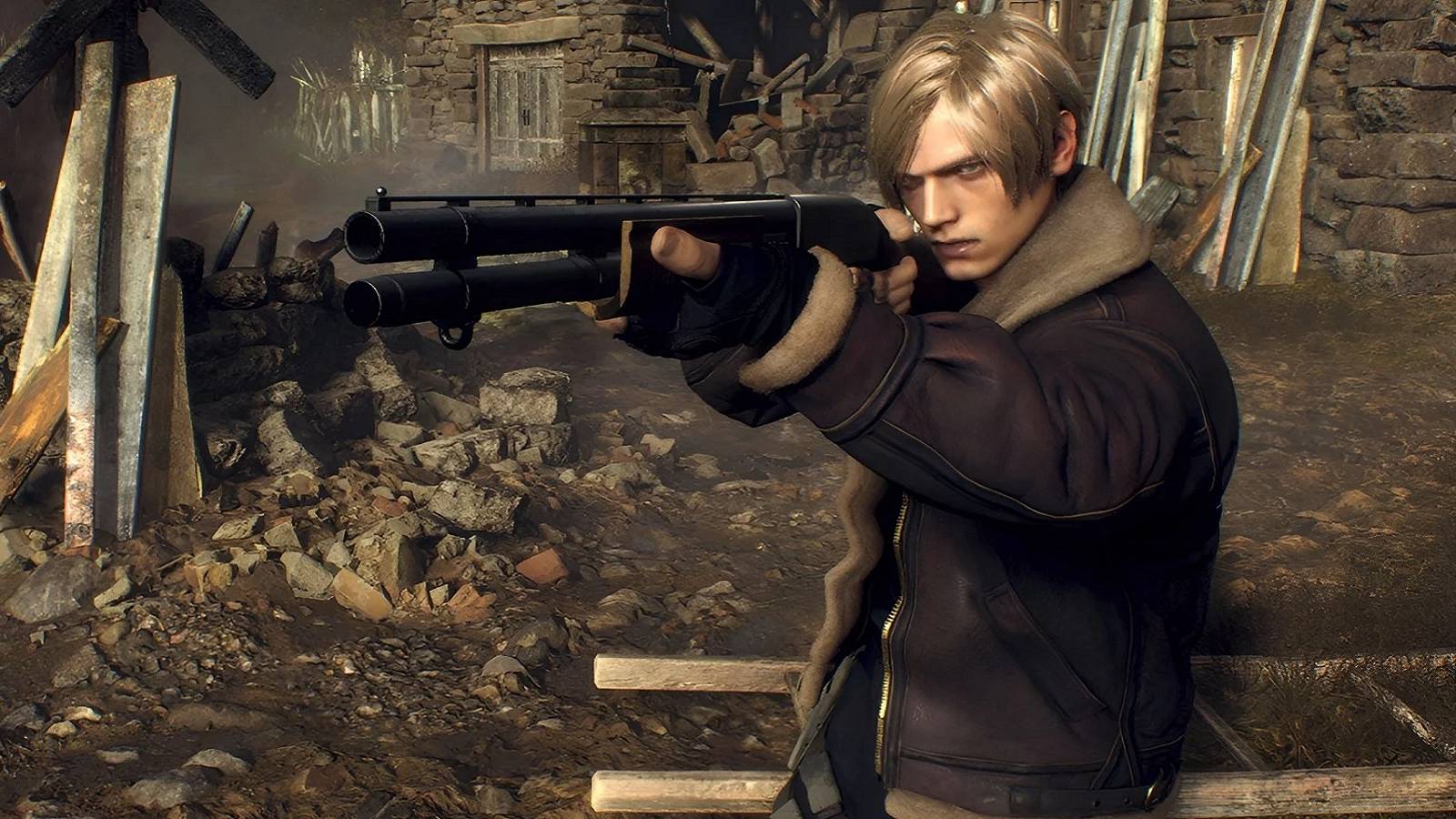 Image from the Resident Evil 4 remake showing Leon Kennedy pointing a shotgun off screen.