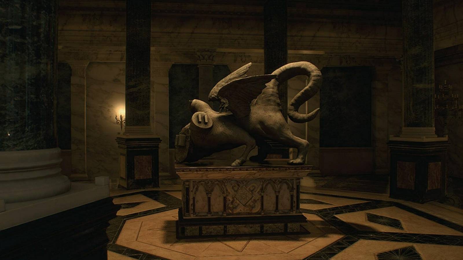 Image from the remake of Resident Evil 4 showing a statue with its three heads missing.