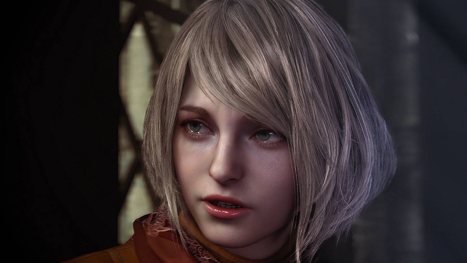 Image from the Resident Evil 4 remake showing a close-up of Ashley Graham.