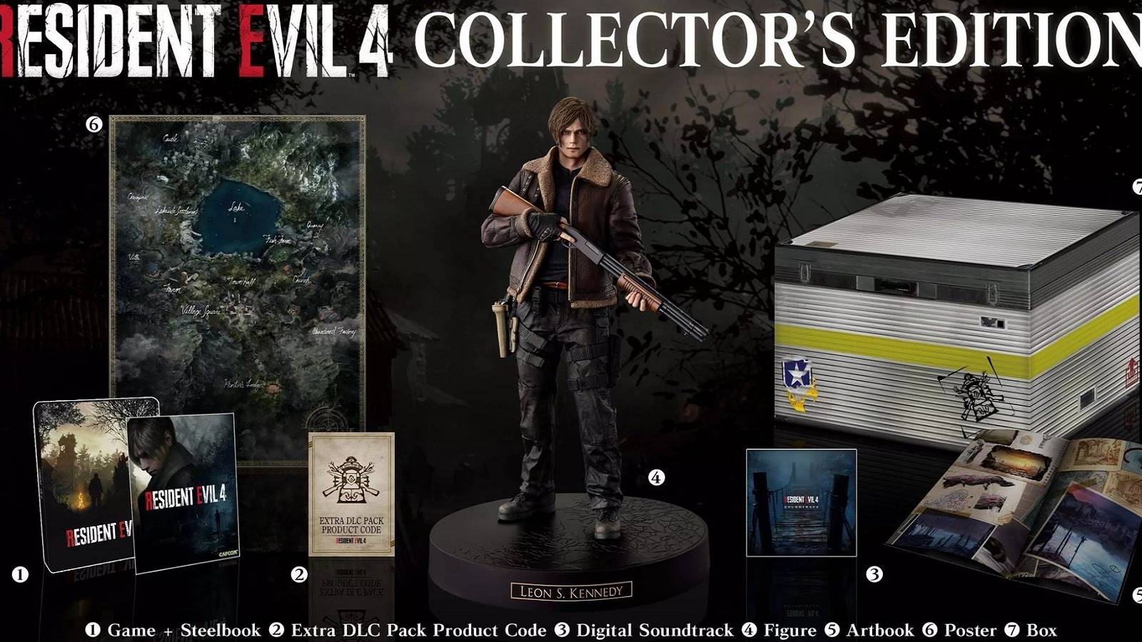 Image from the Resident Evil 4 Remake Collector's Edition showing some goodies, inclduing a Leon Kennedy statue.