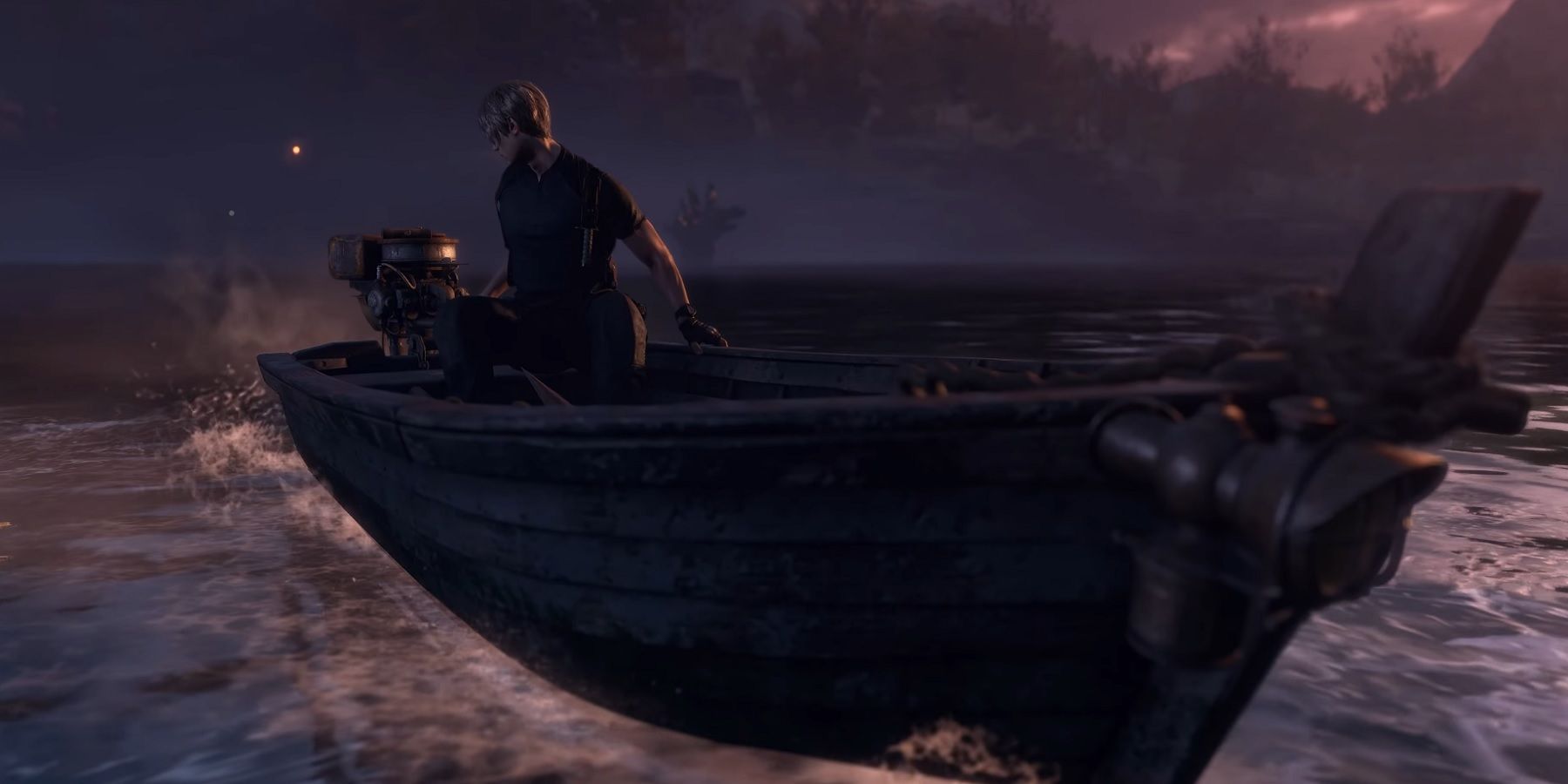 Image from the Resident Evil 4 remake showing Leon Kennedy on a boat in the middle of a lake.