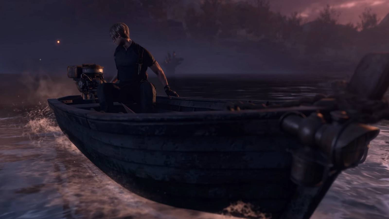 Image from the Resident Evil 4 remake showing Leon Kennedy on a boat in the middle of a lake.