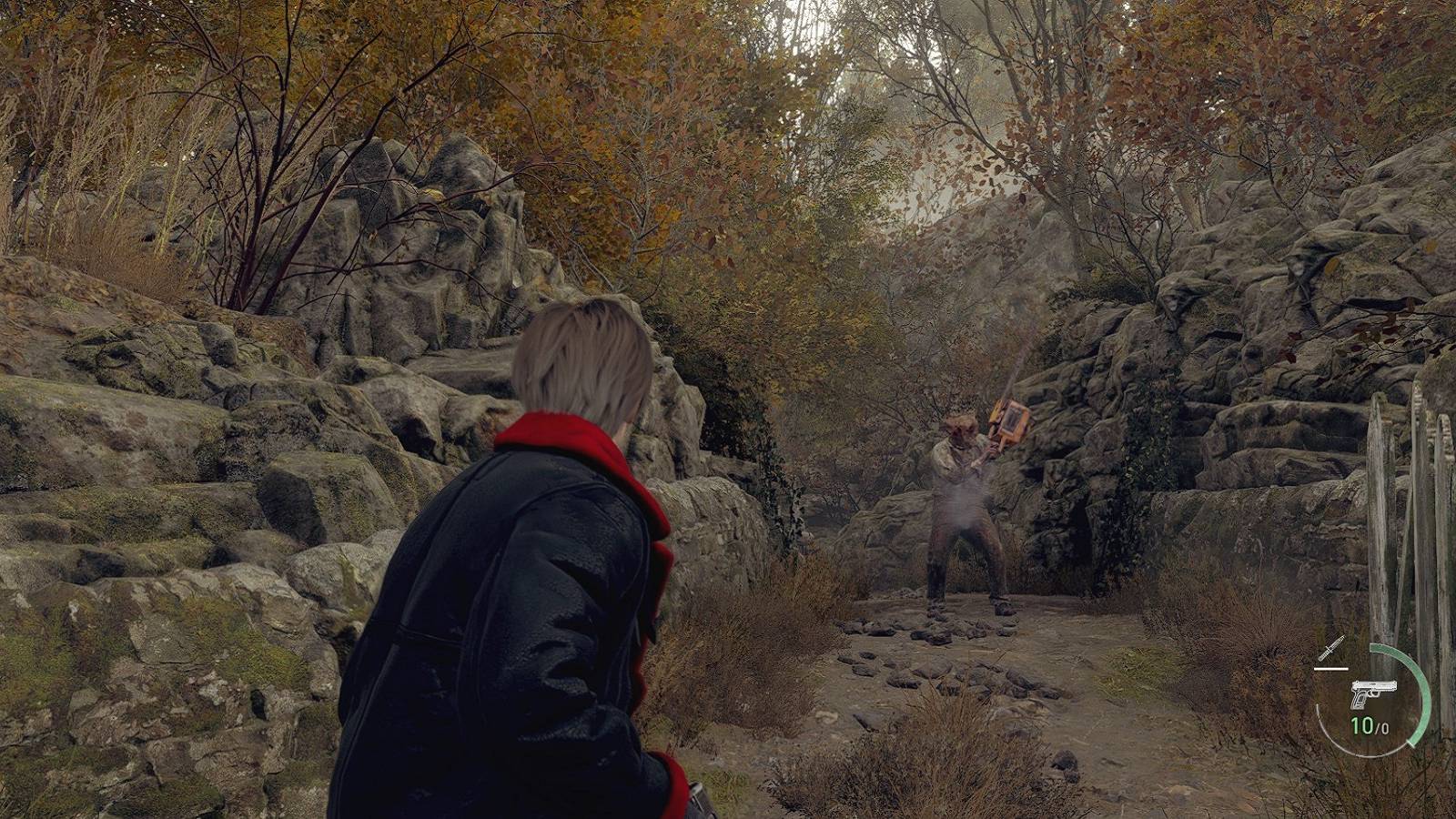 Image from the Resident Evil 4 Remake demo showing Leon Kennedy, with the Chainsaw Man in the background.