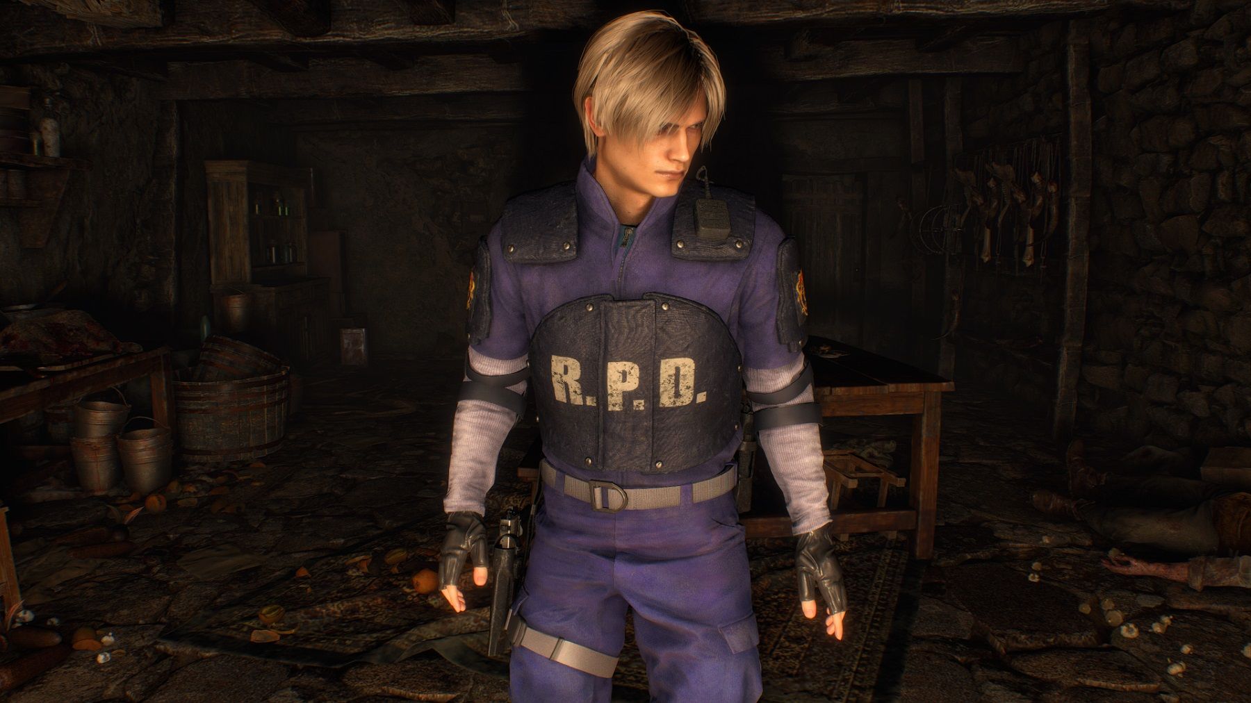 Screenshot from the Resident Evil 4 remake showing Leon Kennedy in his RE2 RPD uniform.