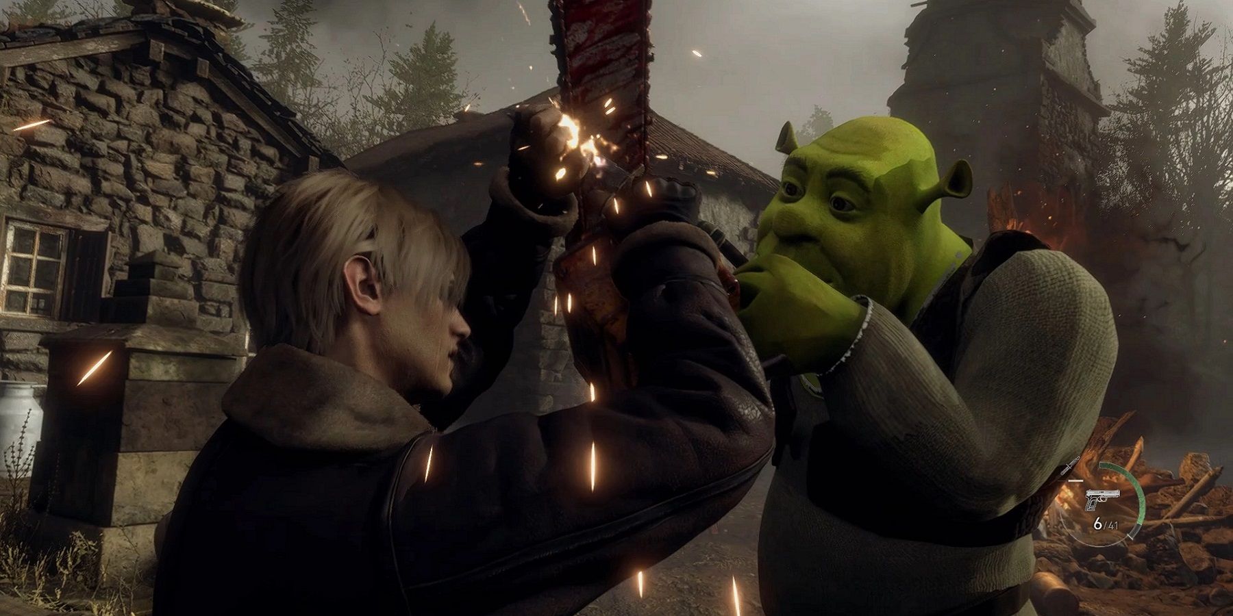 Image from the Resident Evil 4 remake showing Leon Kennedy fighting with a chainsaw-wielding Shrek.