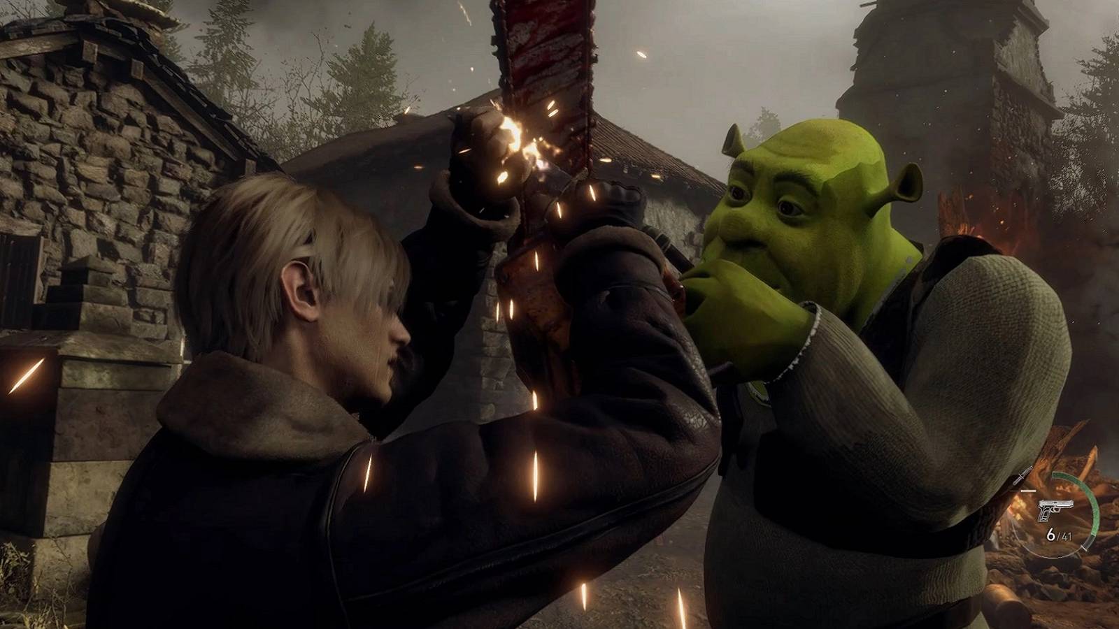 Image from the Resident Evil 4 remake showing Leon Kennedy fighting with a chainsaw-wielding Shrek.