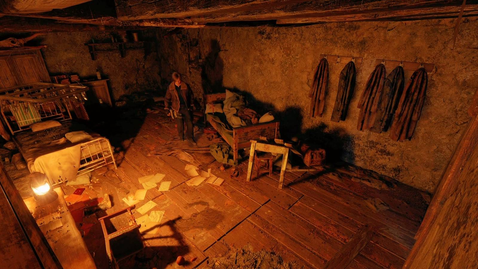 Image from the Resident Evil 4 Remake Chainsaw Demo showing Leon Kennedy inside an old home.