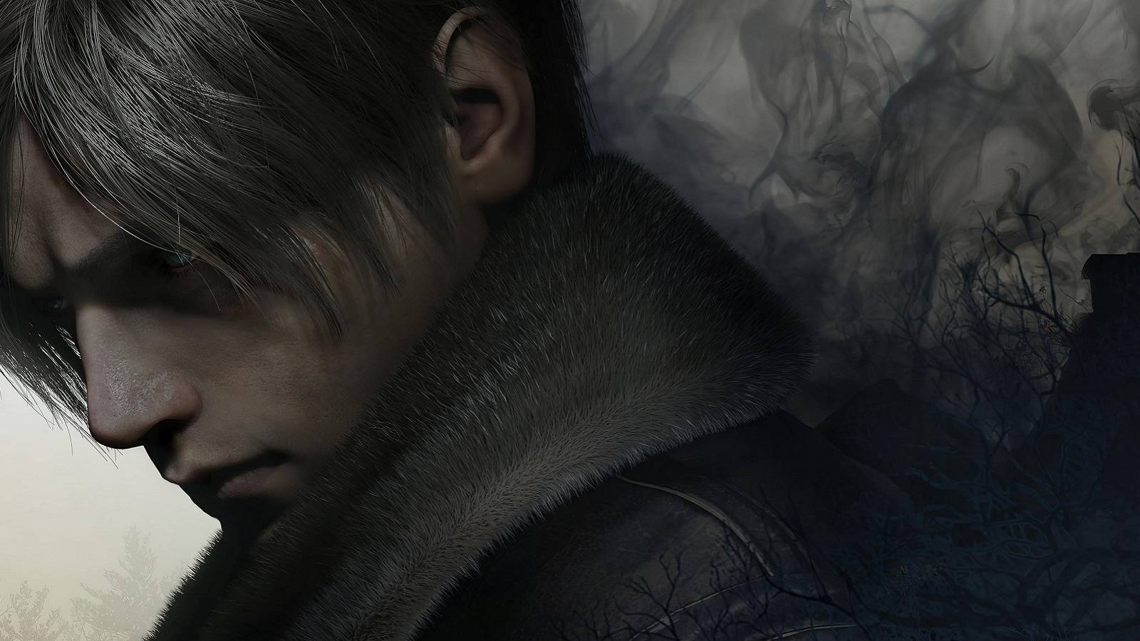 Image from the remake of Resident Evil 4 showing a brooding Leon Kennedy on a smoky background.