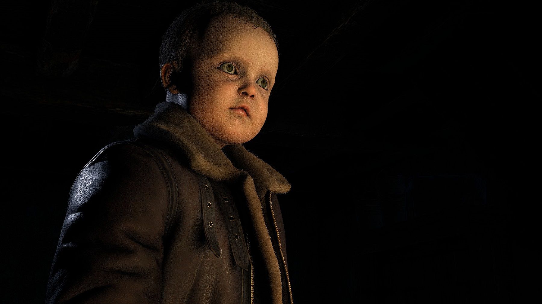Image from the remake of Resident Evil 4 showing Leon Kennedy as a giant baby.