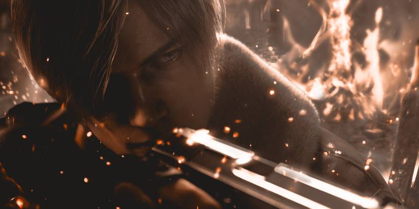 Resident Evil 4 remake Leon looking over gun barrel promo