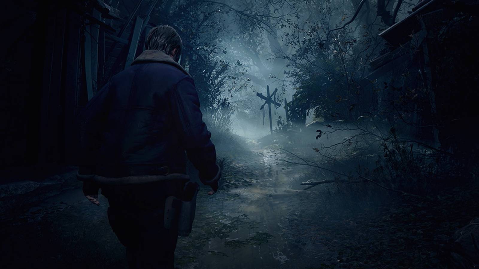 Resident Evil 4 Remake Leon walking toward forest