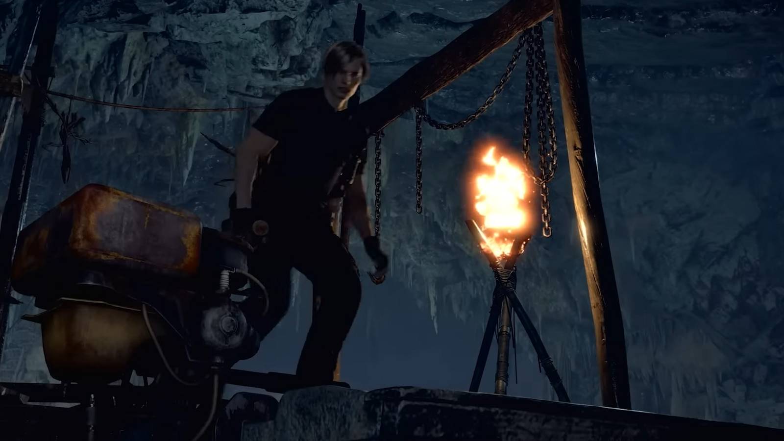Image from the Resident Evil 4 remake showing Leon Kennedy getting into a boat.