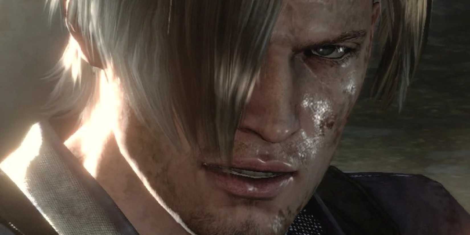 Leon glares out from his curtain of hair, his face covered in sweat and dirt in Reisdent Evil 6