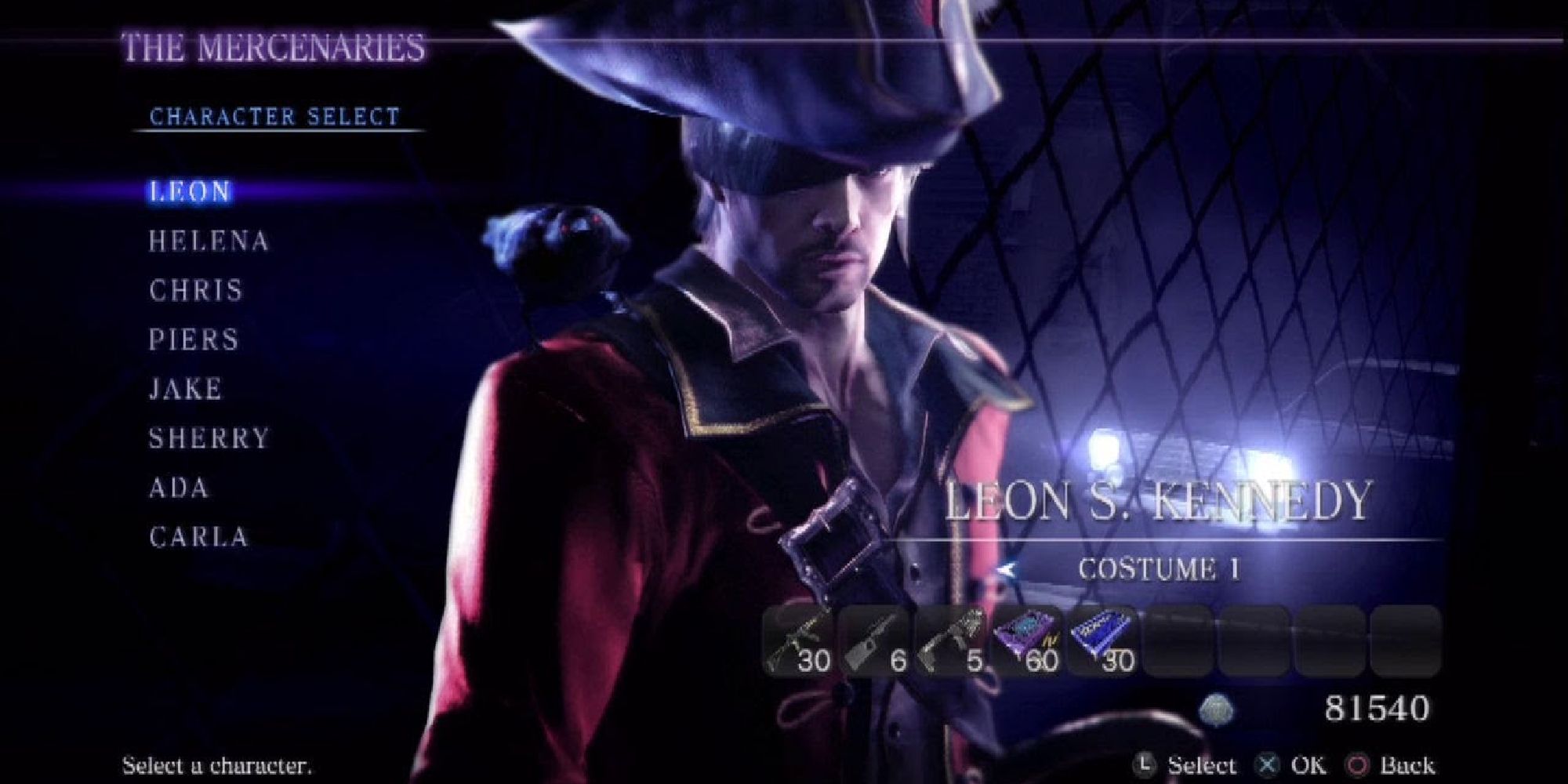 The character select screen from the Mercenaries mode of RE6, featuring Leon in his pirate outfit.