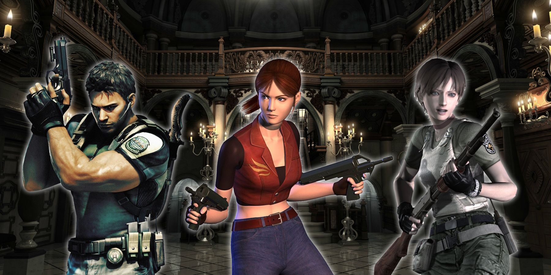 Chris Redfield, Claire Redfield, and Rebecca Chambers superimposed over the Resident Evil mansion