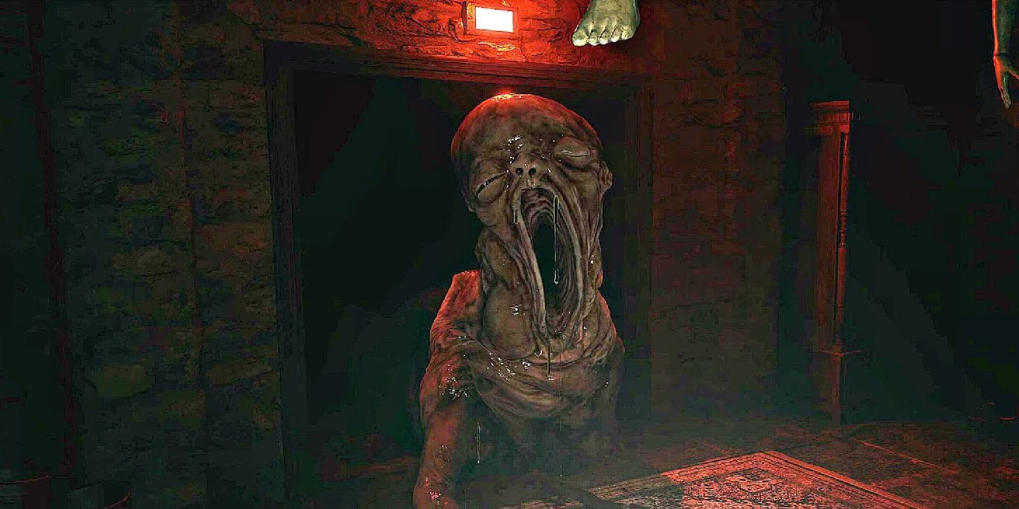 The horrifying baby monster from Resident Evil 8, crawling through a red-lit room towards the player.