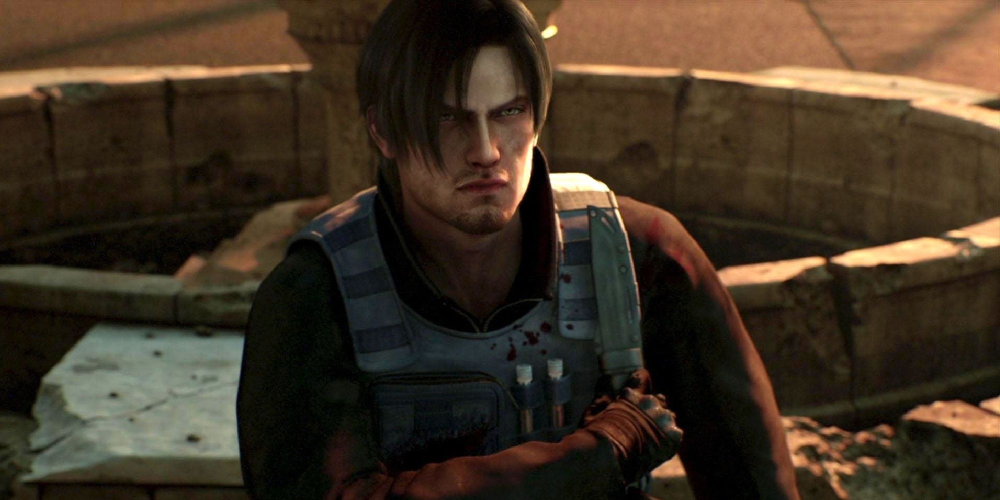 Leon reaching for the tactical knife strapped to his vest, an angry glare on his features. 