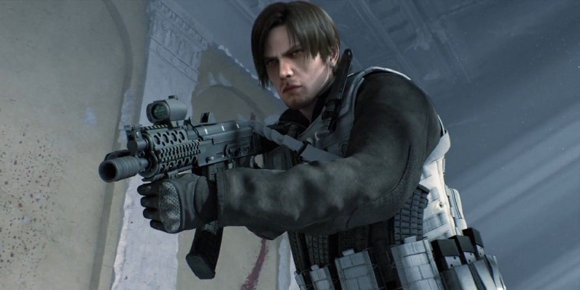 Leon holding a gun aimed down at an unseen enemy, a displeased scowl on his face. 