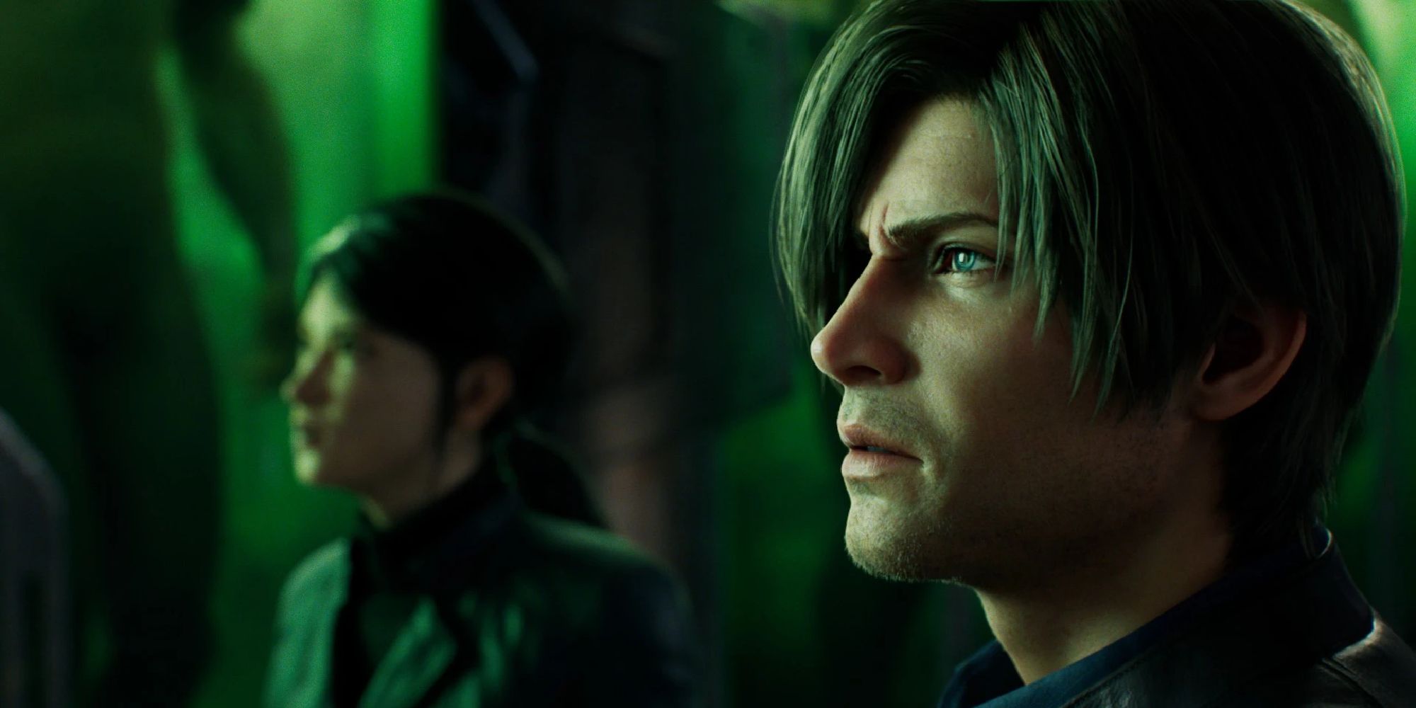 Leon faces to the left with a look of concern, the scene bathed in emerald green light. 