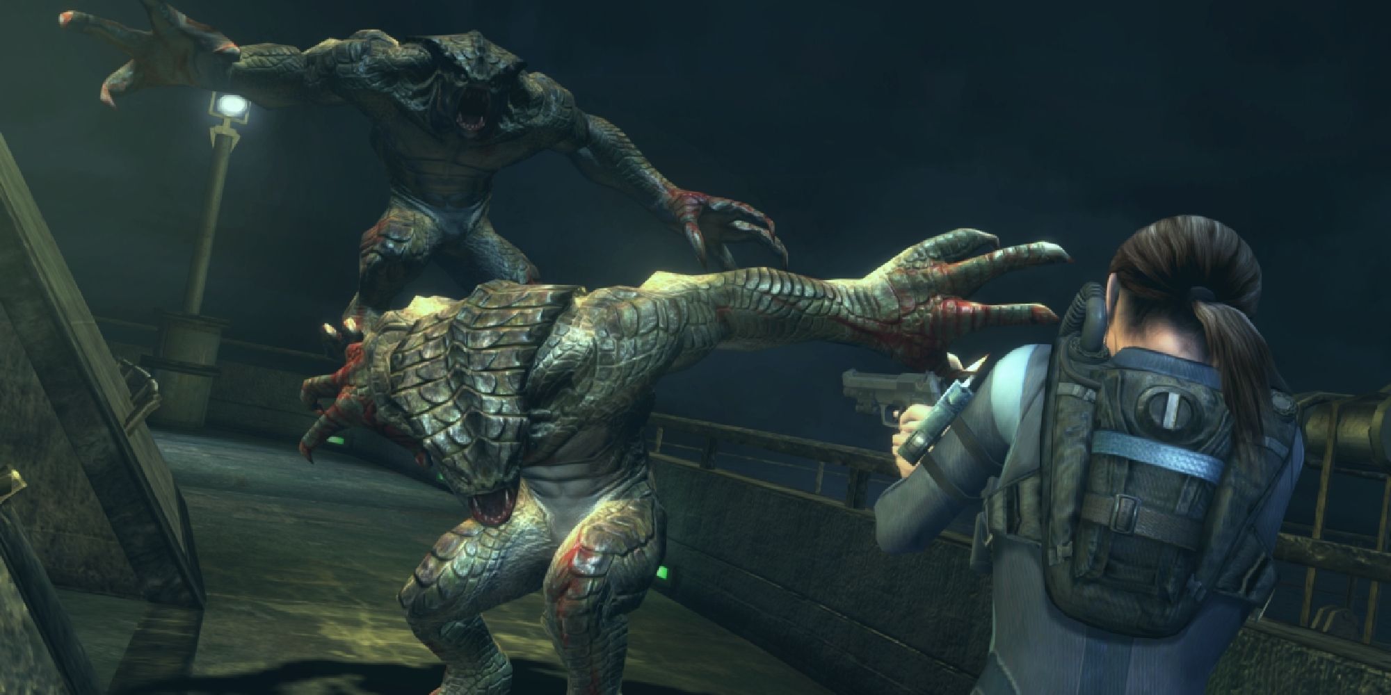 Jill facing off against two hunters, aiming her gun at the closest as a second leaps closer in the background. 