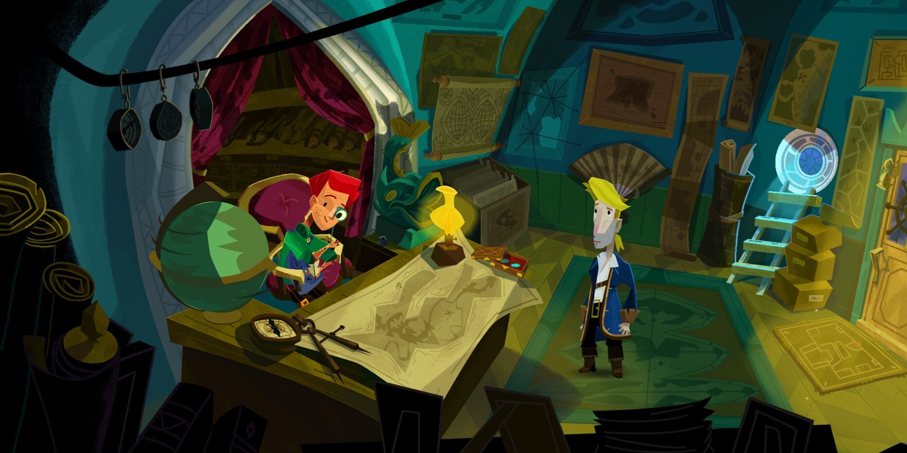 Guybrush Threepwood talking with his friend in a map shop in Return to Monkey Island